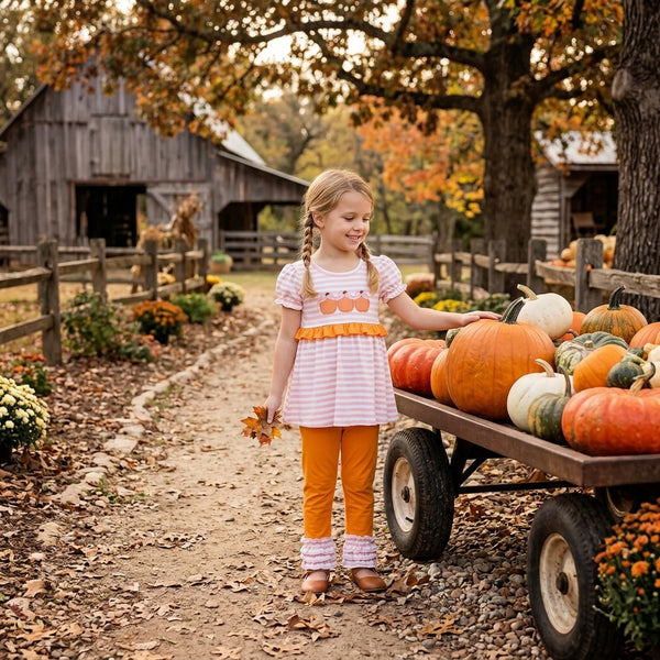 RTS GSPO2337 baby girl clothes halloween pumpkin embroidery stripe print short sleeve ruffle pants outfit