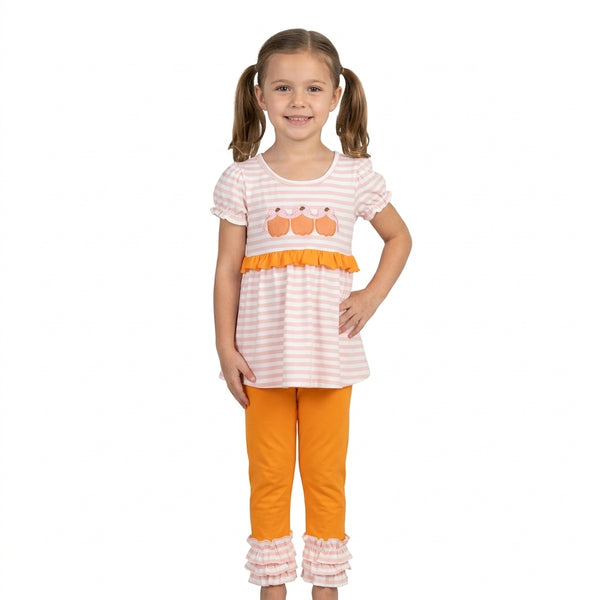 RTS GSPO2337 baby girl clothes halloween pumpkin embroidery stripe print short sleeve ruffle pants outfit