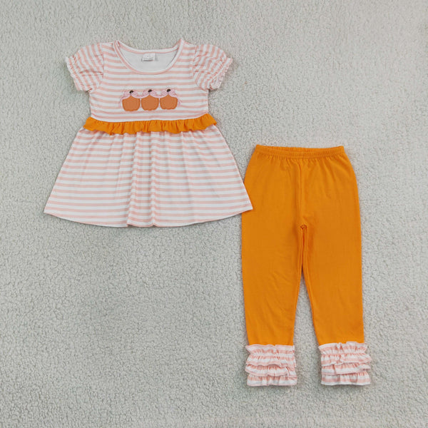 RTS GSPO2337 baby girl clothes halloween pumpkin embroidery stripe print short sleeve ruffle pants outfit