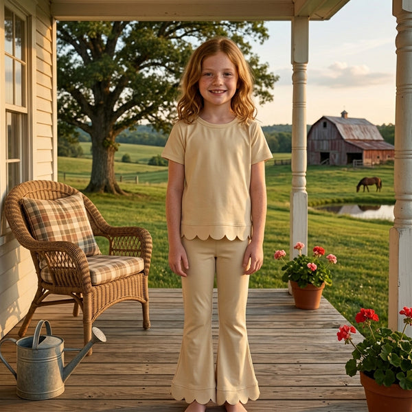 RTS GSPO2340 toddler girl clothes solid color scallop edge girl spring fall pant set
