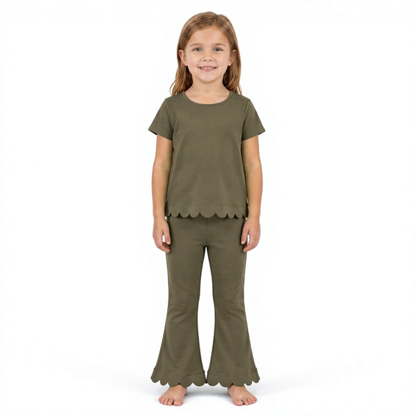 RTS GSPO2342 toddler girl clothes green cotton solid short sleeve scallop outfit fall pants set