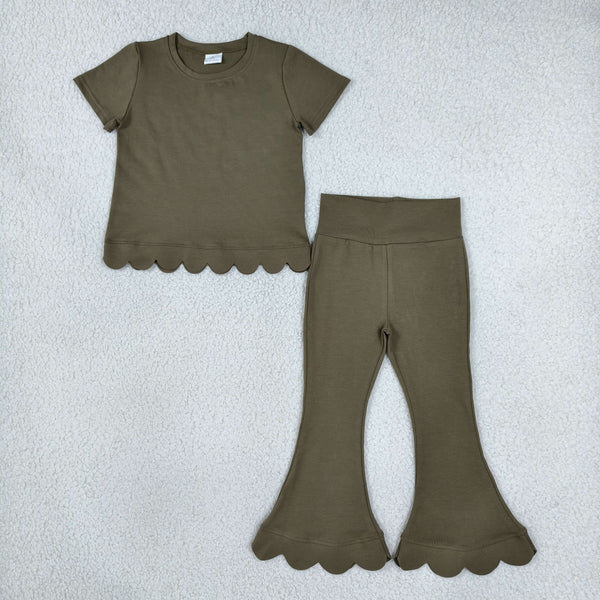 RTS GSPO2342 toddler girl clothes green cotton solid short sleeve scallop outfit fall pants set