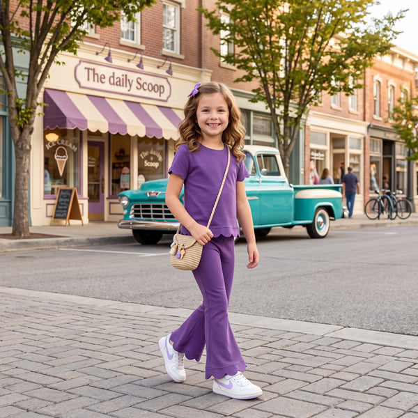 RTS GSPO2346 toddler girl clothes solid color scallop edge girl spring fall pant set