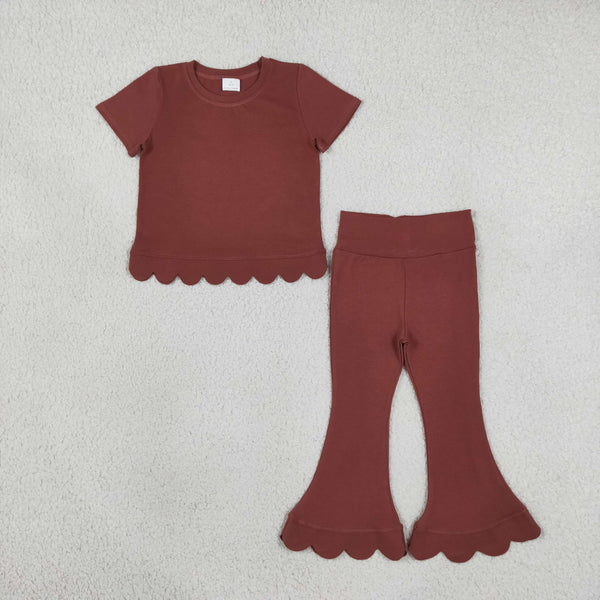 RTS GSPO2347 toddler girl clothes solid brown short sleeve flare pants outfit