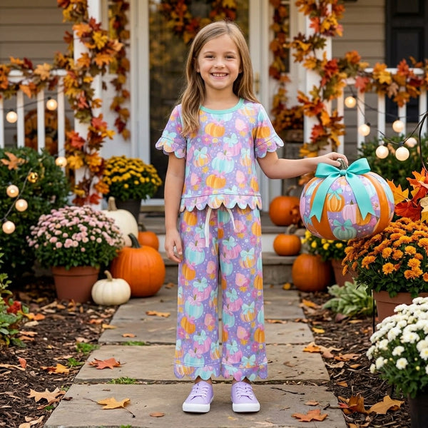 RTS GSPO2364 baby girl clothes halloween pumpkin bow print short sleeve scallop top pant outfit