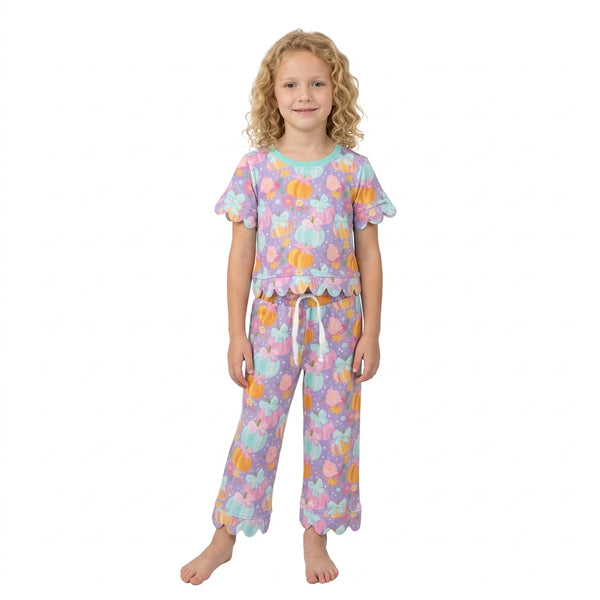 RTS GSPO2364 baby girl clothes halloween pumpkin bow print short sleeve scallop top pant outfit