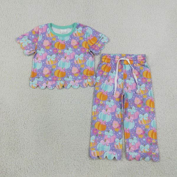 RTS GSPO2364 baby girl clothes halloween pumpkin bow print short sleeve scallop top pant outfit