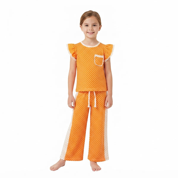 RTS GSPO2367 baby girl clothes dot print short sleeve top flare pant outfit