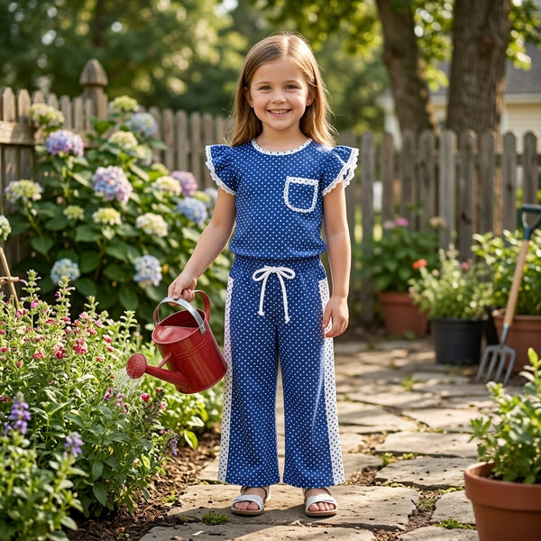 RTS GSPO2372 baby girl clothes navy short sleeve top wide leg pant outfit pants set