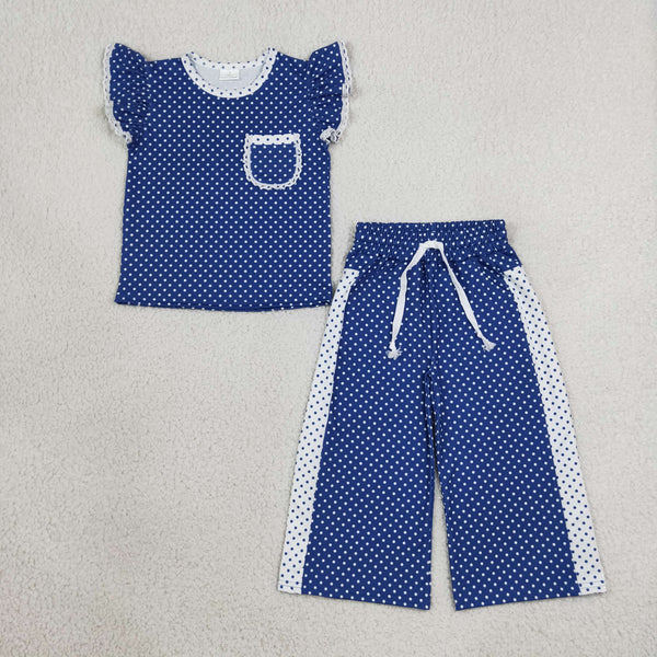 RTS GSPO2372 baby girl clothes navy short sleeve top wide leg pant outfit pants set