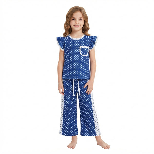 RTS GSPO2372 baby girl clothes navy short sleeve top wide leg pant outfit pants set