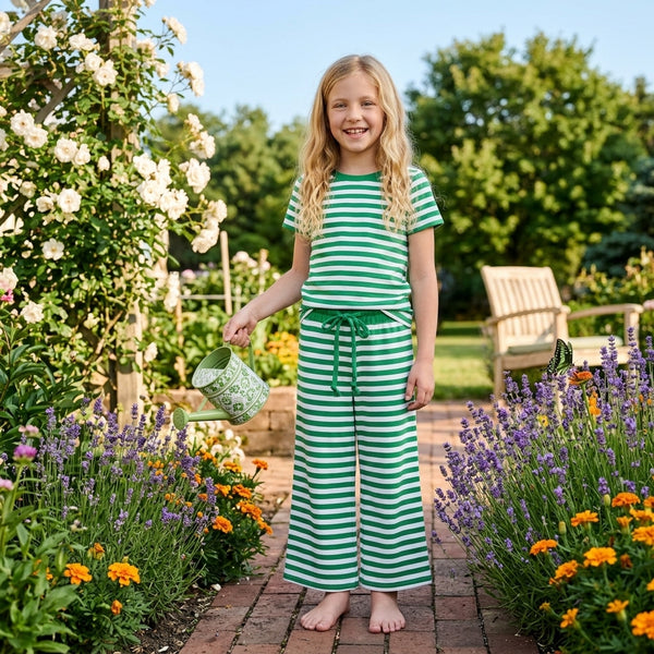 RTS GSPO2383 toddler girl clothes green stripe short sleeve top and pants outfit