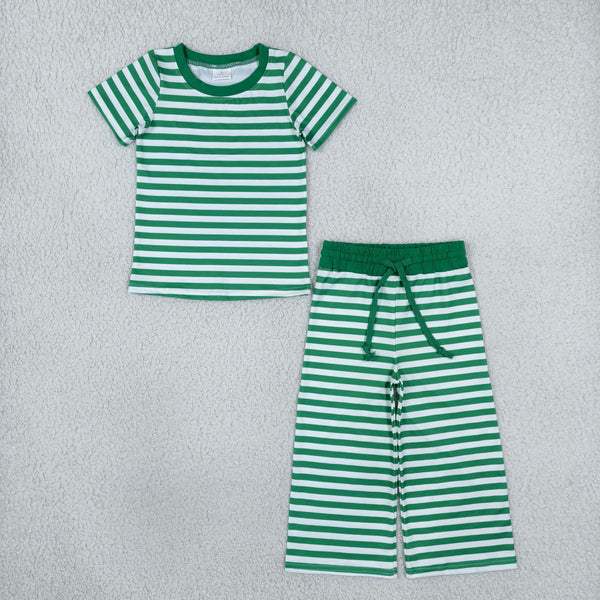 RTS GSPO2383 toddler girl clothes green stripe short sleeve top and pants outfit