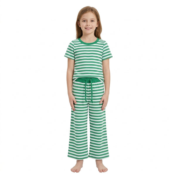RTS GSPO2383 toddler girl clothes green stripe short sleeve top and pants outfit