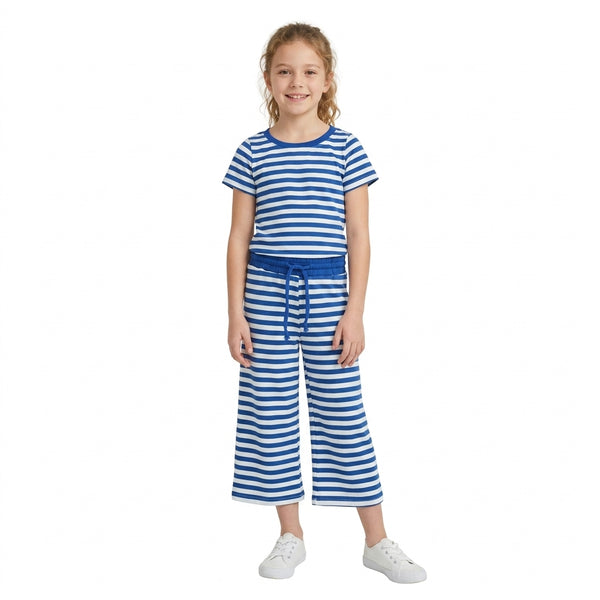 RTS GSPO2385 toddler girl clothes blue white stripe short sleeve outfit pants set
