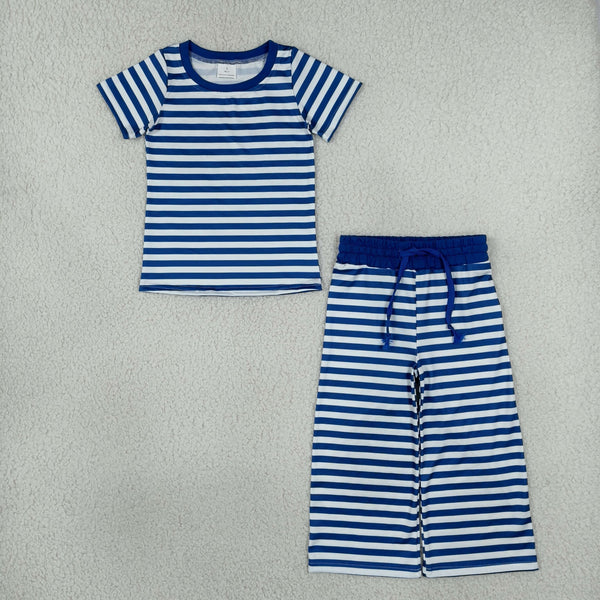 RTS GSPO2385 toddler girl clothes blue white stripe short sleeve outfit pants set