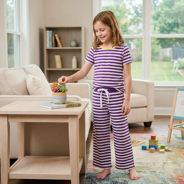 RTS GSPO2386 toddler girl clothes purple white stripe print short sleeve outfit