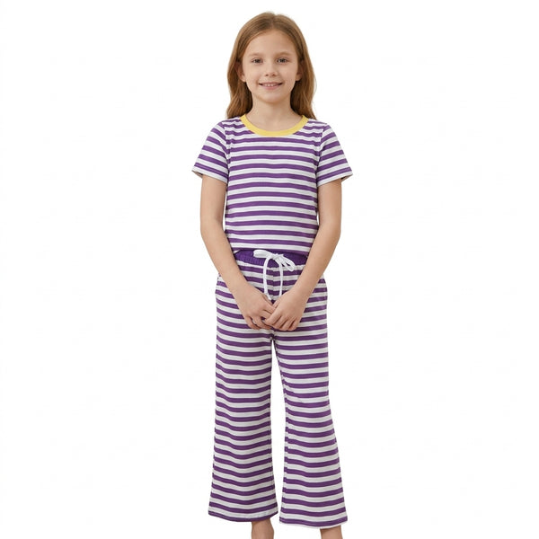 RTS GSPO2386 toddler girl clothes purple white stripe print short sleeve outfit