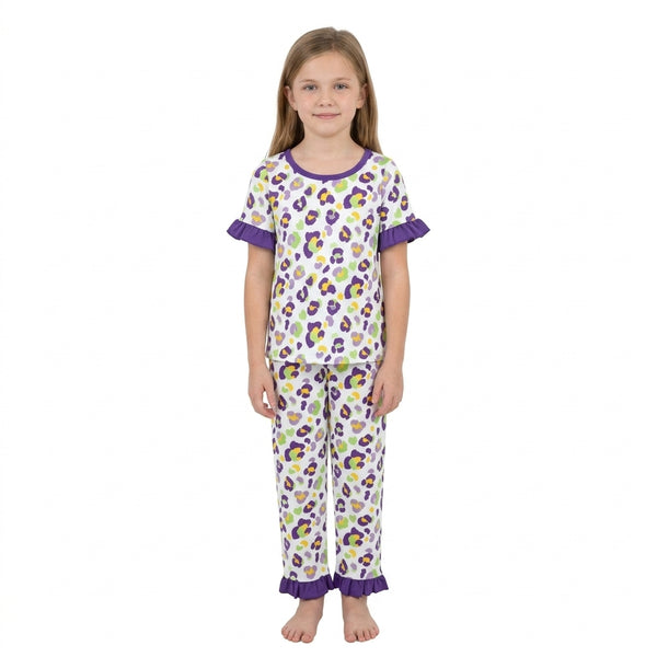 RTS GSPO2388 toddler girl Mardi Gras colorful leopard print short sleeve pajama set