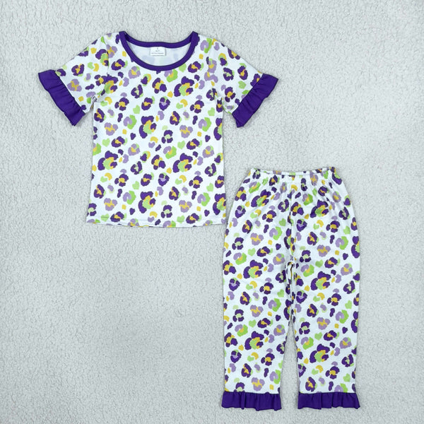 RTS GSPO2388 toddler girl Mardi Gras colorful leopard print short sleeve pajama set