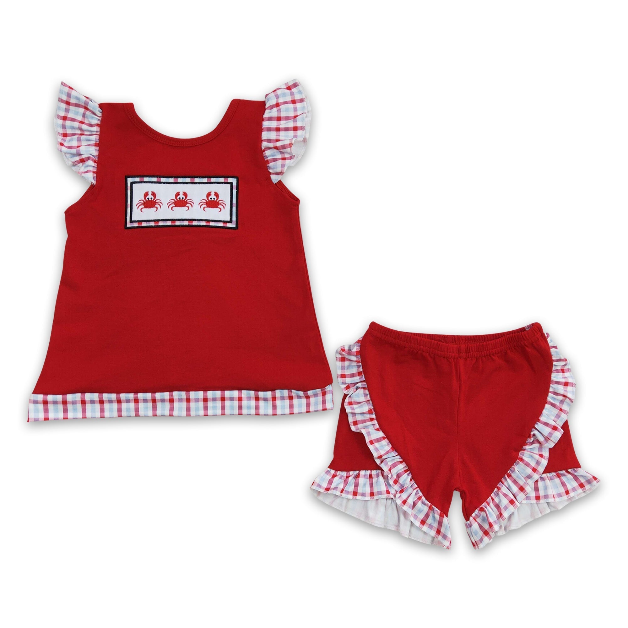 GSSO0142 kids clothes girls summer red crab embroidery outfits