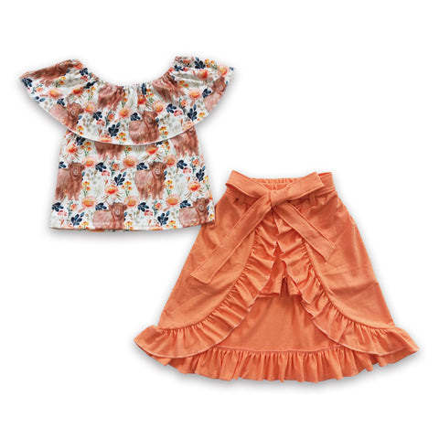 GSSO0184 kids clothes girls summer outfits orange floral skirt set