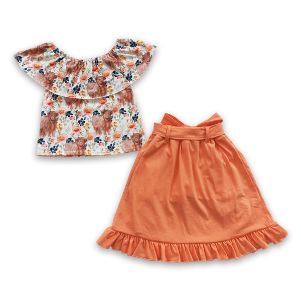 GSSO0184 kids clothes girls summer outfits orange floral skirt set