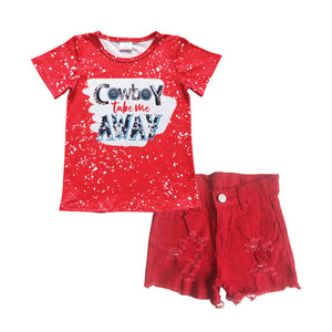 GSSO0292 kids clothes girls denim shorts outfit summer shorts set