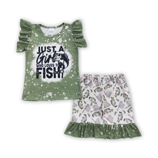 GSSO0295 baby girl clothes green fishing summer shorts set