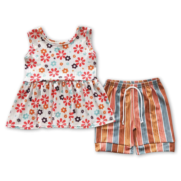 GSSO0339 toddler girl clothes ribbed floral girl summer shorts set
