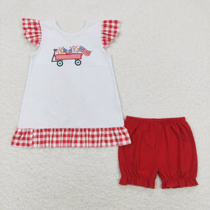 GSSO0662 RTS baby girl clothes embroidery flag 4th of July patriotic toddler girl summer outfit