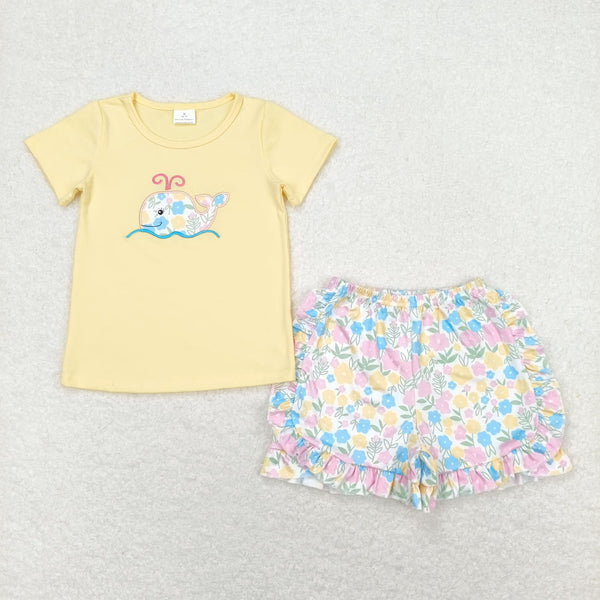 GSSO0765 RTS baby girl clothes embroidery flower whale toddler girl summer outfits 1