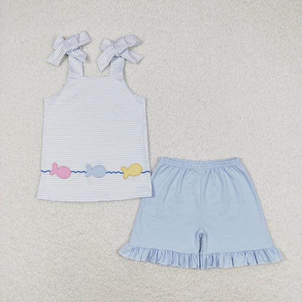 GSSO0809 RTS baby girl clothes embroidery fish toddler girl summer outfits