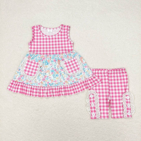 GSSO0813 RTS baby girl clothes floral gingham toddler girl summer outfits