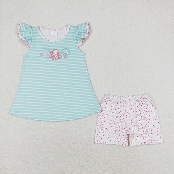 GSSO0833 RTS baby girl clothes sea animals toddler girl summer outfits¡ꡧembroidery¡ê?