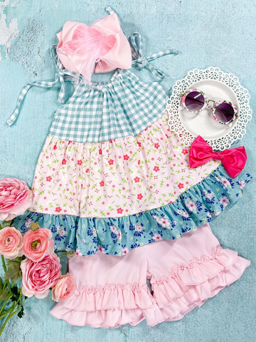 GSSO0836 RTS baby girl clothes pink floral toddler girl summer outfits