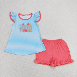 GSSO0875 RTS baby girl clothes embroidery  castle toddler girl summer outfits