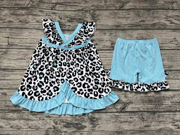 GSSO0878 pre-order baby girl clothes blue leopard print toddler girl summer outfits
