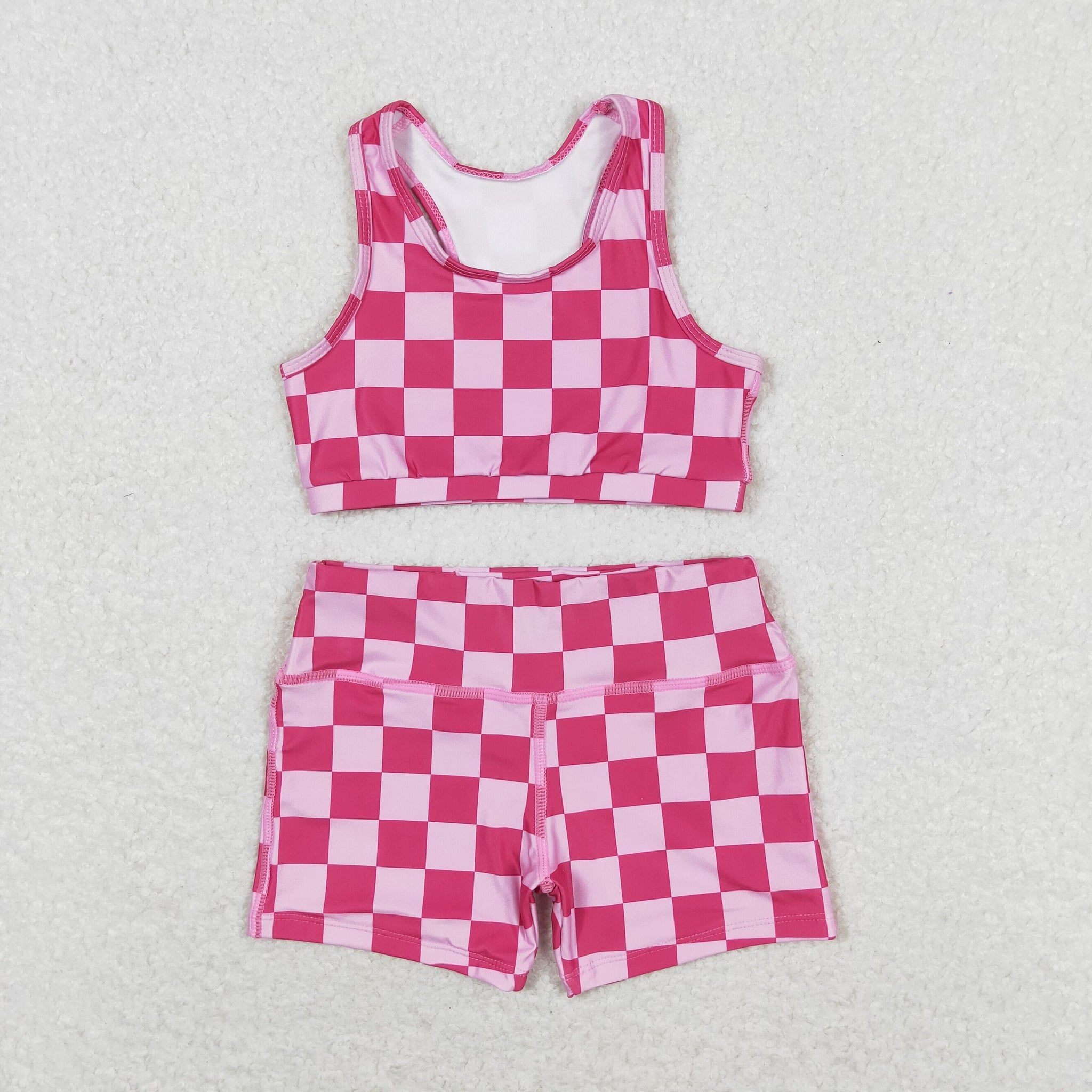 GSSO0905 RTS baby girl clothes pink plaid  toddler girl summer outfit swim suit bathing suit beach wear