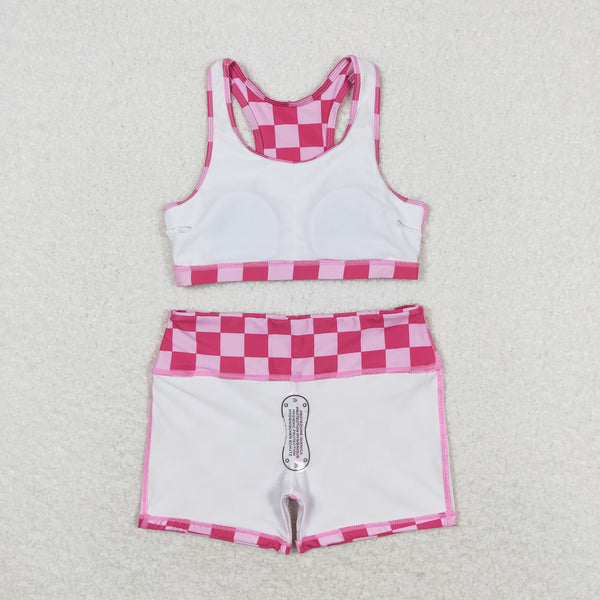 GSSO0905 RTS baby girl clothes pink plaid  toddler girl summer outfit swim suit bathing suit beach wear