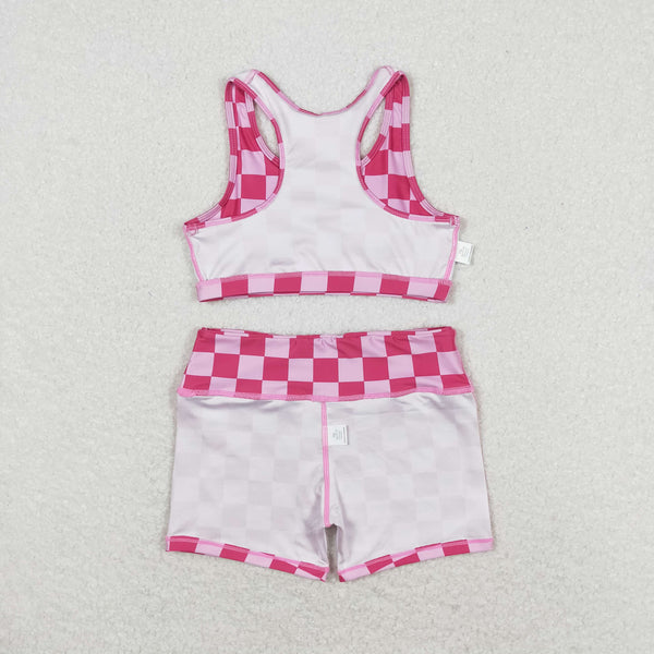 GSSO0905 RTS baby girl clothes pink plaid  toddler girl summer outfit swim suit bathing suit beach wear