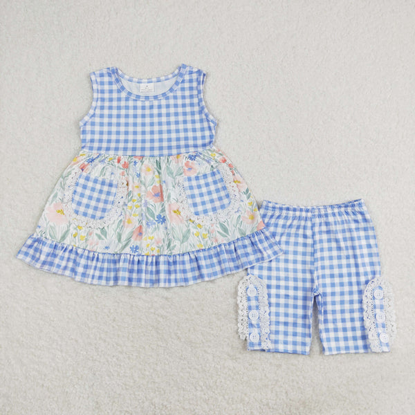 GSSO0908 RTS baby girl clothes blue floral pocket toddler girl summer outfit