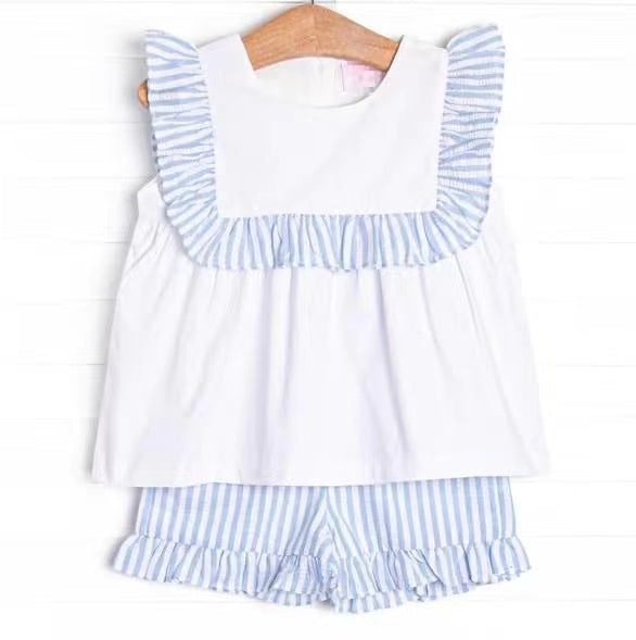 GSSO0926 RTS baby girl clothes blue stripes toddler girl summer outfit