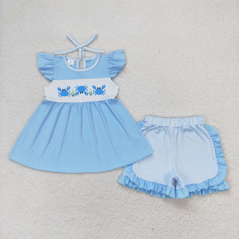 GSSO0927 RTS baby girl clothes crab blue stripes toddler girl summer outfit ¡ꡧprint¡ê?