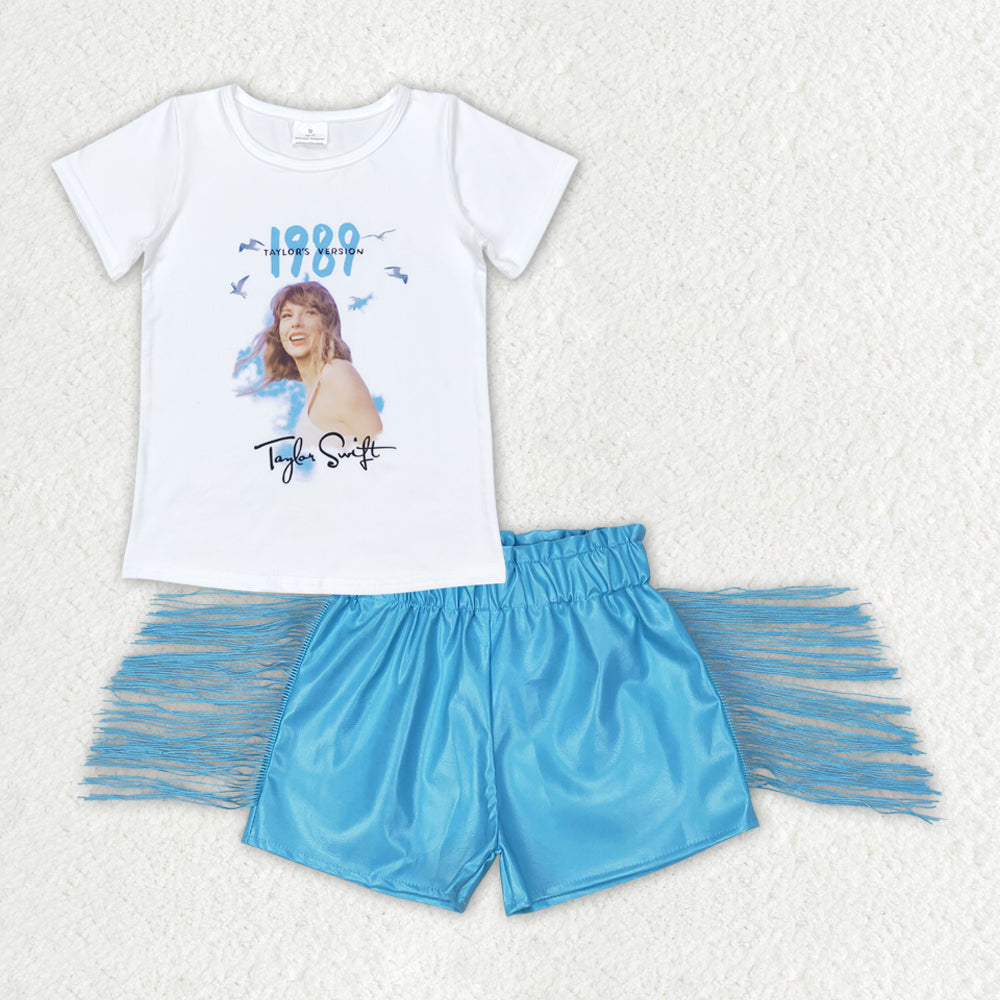 GSSO0984 RTS baby girl clothes 1989 singer toddler girl blue summer tassel leather pants outfits