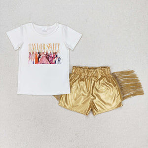 GSSO0985 RTS baby girl clothes 1989 singer  toddler girl summer golden tassel leather pants outfits ¡ꡧprint¡ê?