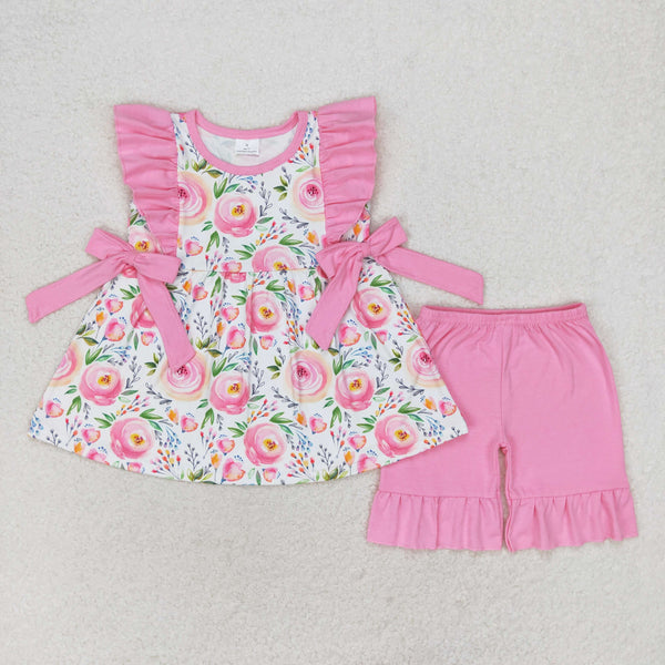 GSSO1003 RTS baby girl clothes pink flower toddler girl summer outfits