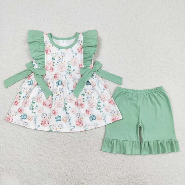 GSSO1004 RTS baby girl clothes green flower bow toddler girl summer outfits