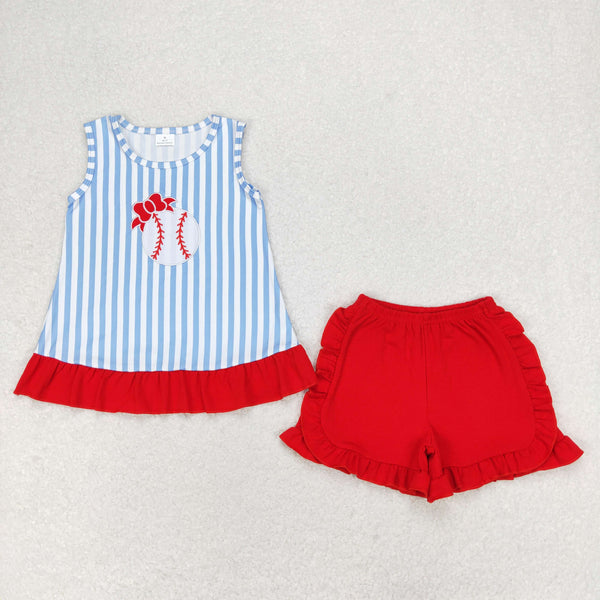 GSSO1019 RTS baby girl clothes baseball embroidery toddler girl summer outfits toddler summer shorts set