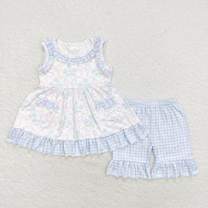 GSSO1051 RTS baby girl clothes blue gingham toddler girl summer outfits